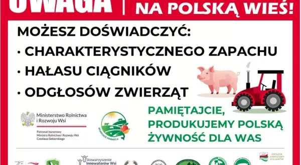 Polska 2050: stanowisko wobec protestów rolników. Plakat informuje o życiu na wsi: zapachy, hałas ciągników, odgłosy zwierząt. Podkreśla produkcję polskiej żywności.