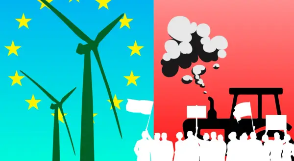Konfederacja krytykuje Zielony Ład i unijną politykę klimatyczną. Z jednej strony wiatraki i gwiazdy UE, z drugiej traktor i protestujący.