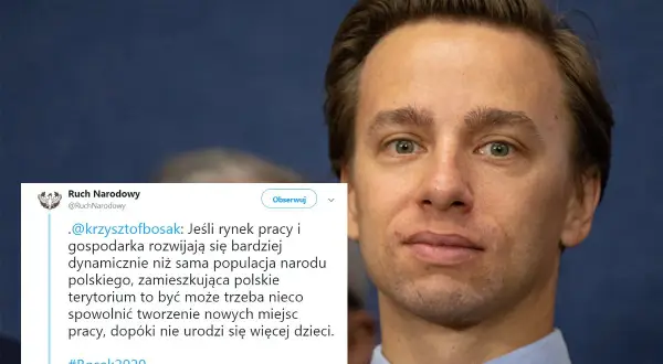 Krzysztof Bosak o poglądach gospodarczych i skrajnym wolnym rynku: spowolnić tworzenie miejsc pracy, dopóki nie urodzi się więcej dzieci.