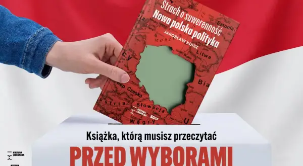 Ręka wrzuca książkę "Strach o suwerenność. Nowa polska polityka" do urny wyborczej. Obraz symbolizuje troskę o suwerenną Polskę przed wyborami.