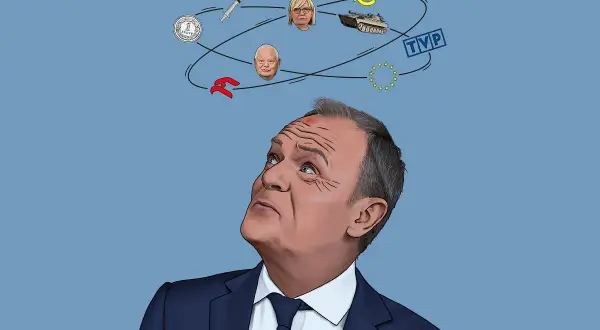 Polityk patrzy na symbole: złoty, euro, czołg, UE, TVP, strzykawkę, twarze polityków. Zastanawia się nad wpływem rządów PiS na ceny mieszkań w Polsce.