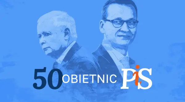 Portret Jarosława Kaczyńskiego i Mateusza Morawieckiego na niebieskim tle z napisem "50 obietnic PiS".