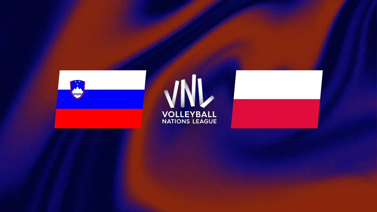 Flagi Polski i Słowenii obok logo VNL. Emocje na parkiecie w Volleyball Nations League!
