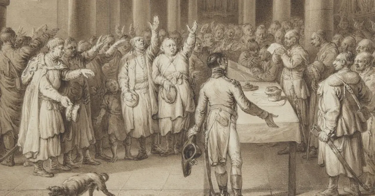Tłum szlachty wznosi ręce, protestując. Jeden z nich, zdeterminowany, używa liberum veto, by zatrzymać obrady.