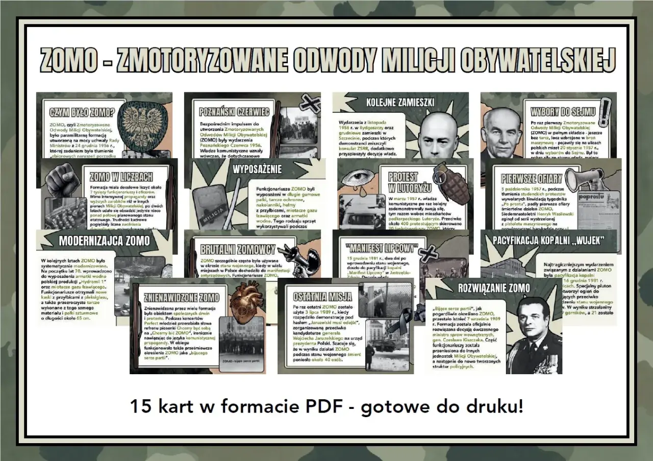 ZOMO - Zmotoryzowane Odwody Milicji Obywatelskiej. Obraz przedstawia historię tej formacji, jej wyposażenie i kluczowe wydarzenia.