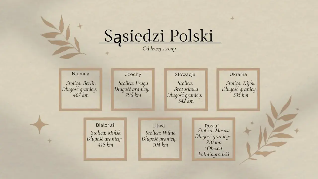 Polska graniczy z Niemcami, Czechami, Słowacją, Ukrainą, Białorusią, Litwą i Rosją (Obwód kaliningradzki).