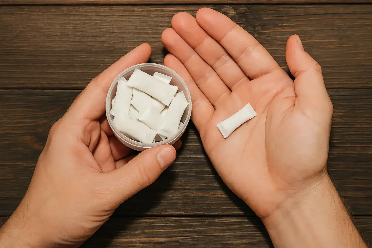Dłonie trzymające pojemnik z białymi woreczkami nikotynowymi i jeden woreczek na dłoni. Czy snus jest legalny w Polsce?