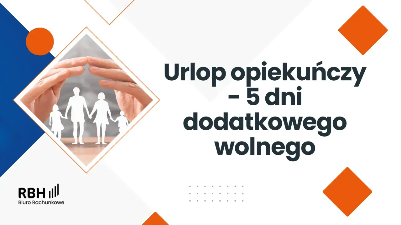 Dłonie chroniące rodzinę z papieru. Informacja o urlopie opiekuńczym – 5 dni dodatkowego wolnego.