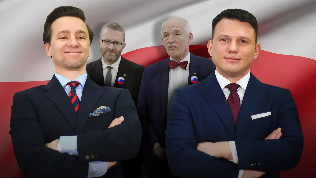 Czterech mężczyzn w garniturach na tle flagi Polski. Czy liberalny program Konfederacji faworyzuje wyłącznie najbogatszych?