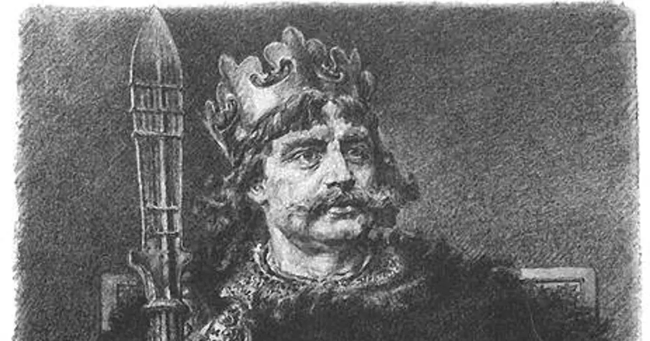 Portret Bolesława Chrobrego, pierwszego króla polskiego, z koroną i berłem.