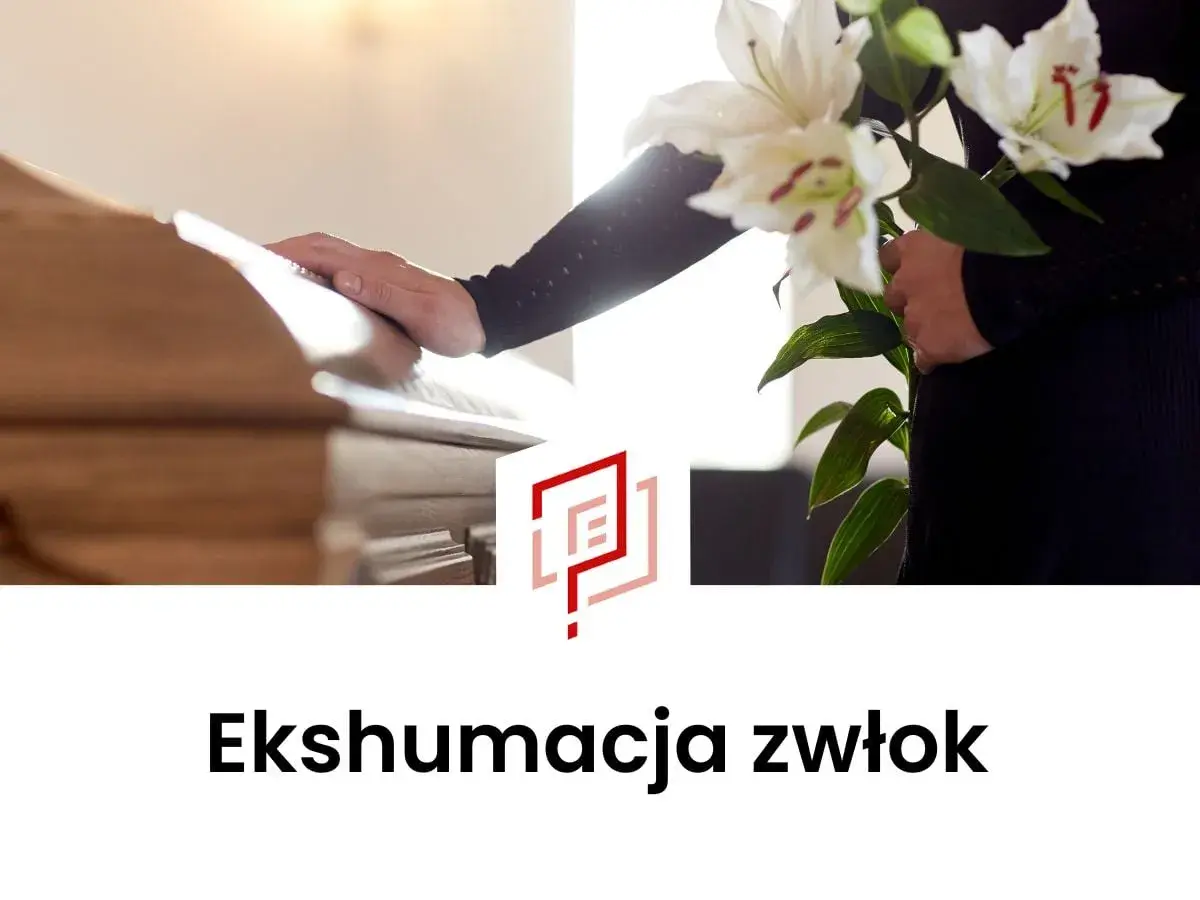 Dłoń na trumnie, bukiet lilii obok. Symboliczne ujęcie przed ekshumacją zwłok.