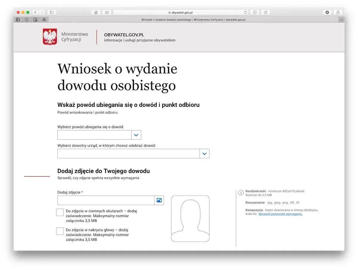 Formularz wniosku o wydanie dowodu osobistego. Wybierz powód ubiegania się o dowód i dodaj zdjęcie.