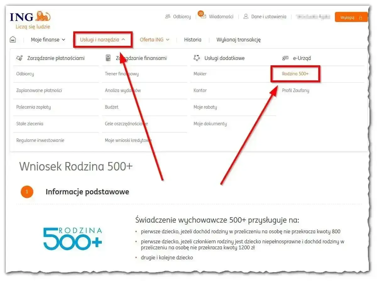 Wniosek Rodzina 500+ w ING. Kliknij "Usługi i narzędzia", a następnie "Rodzina 500+" aby złożyć wniosek.