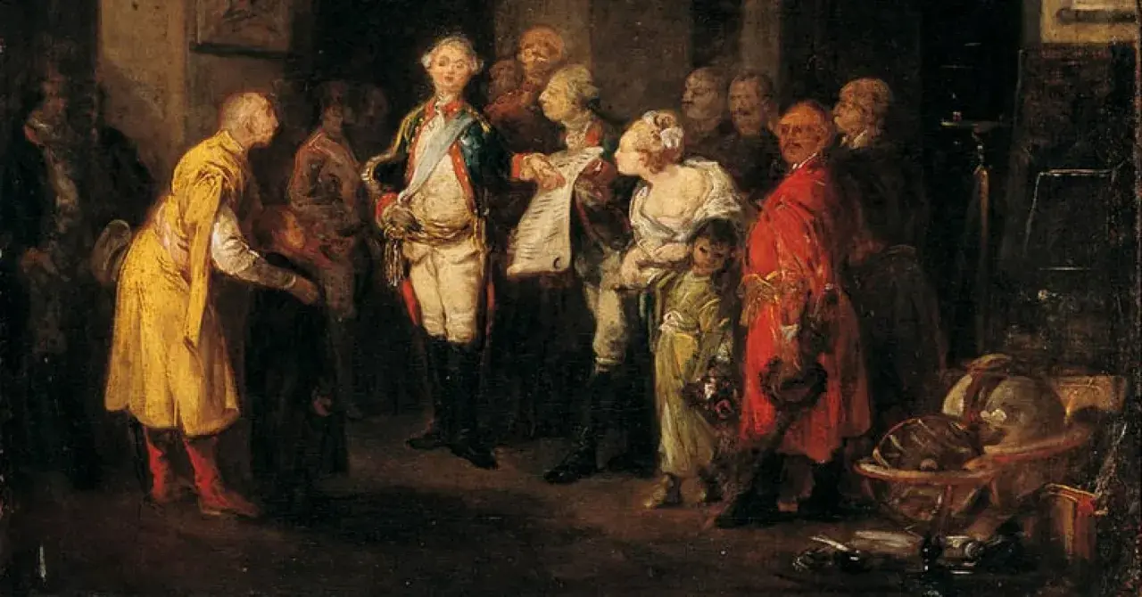 Stanisław August Poniatowski, ostatni król polski, w otoczeniu dworzan. Scena z życia dworu, z globusem w tle.
