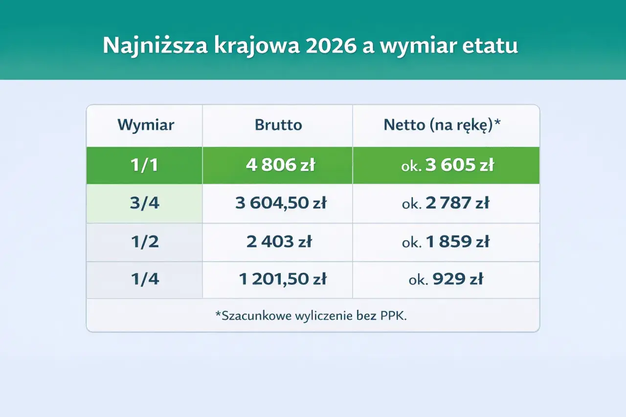 Tabela pokazuje najniższą krajową 2026 netto w zależności od wymiaru etatu: 1/1 to ok. 3605 zł, 3/4 to ok. 2787 zł.
