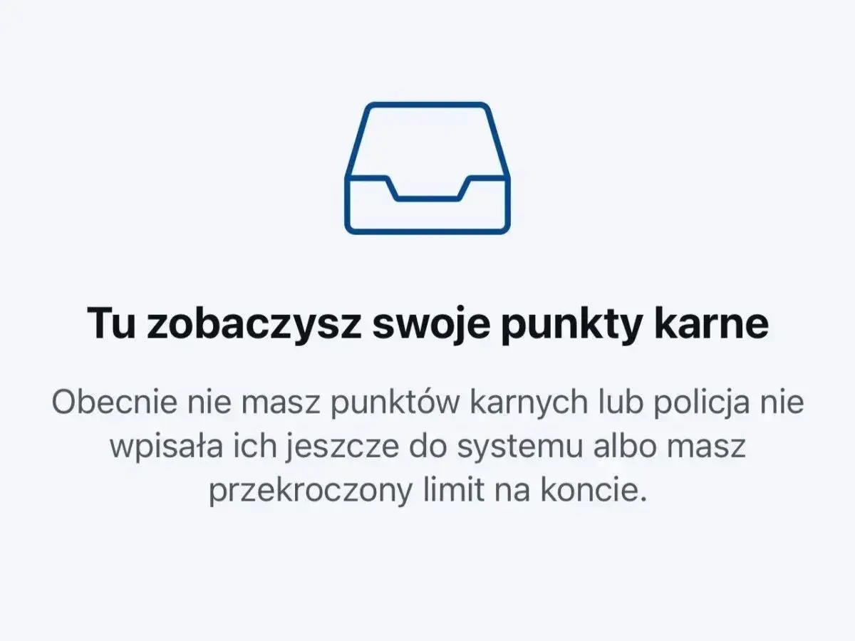 Ikona folderu i tekst informujący o punktach karnych. Obecnie brak punktów lub przekroczenie limitu, np. przez przekroczenie prędkości o 30 km/h.