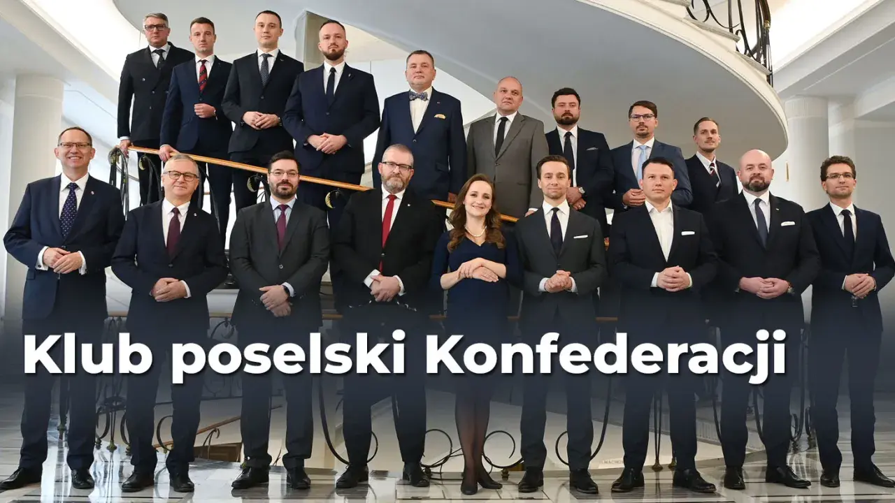 Klub parlamentarny Konfederacji: grupa posłów w garniturach, zjednoczona, ale z widocznymi podziałami w głosowaniach.