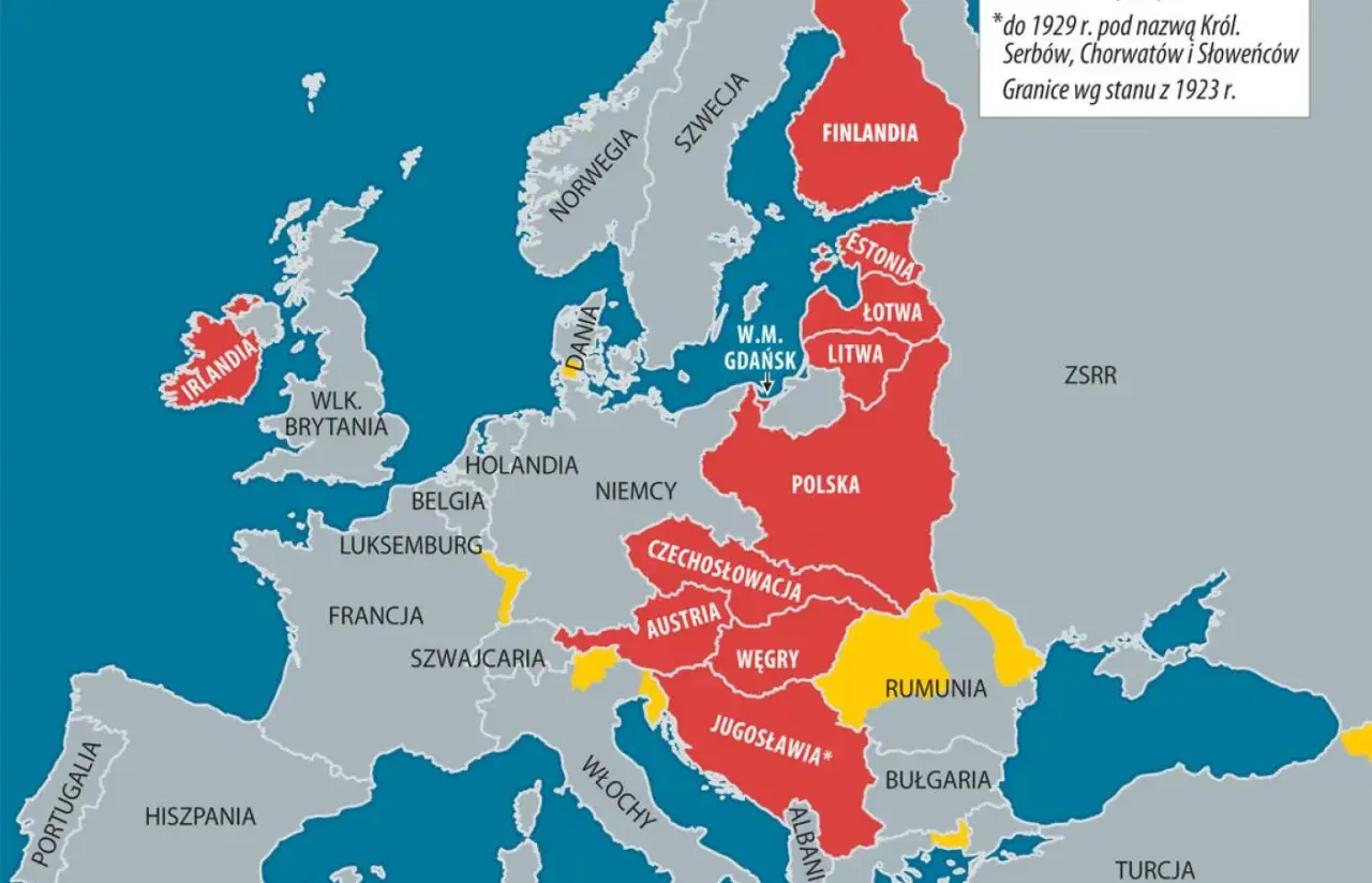 Mapa Europy z 1923 roku, ukazująca granice państw po traktacie wersalskim. Czerwone państwa to m.in. Polska, Finlandia, kraje bałtyckie.