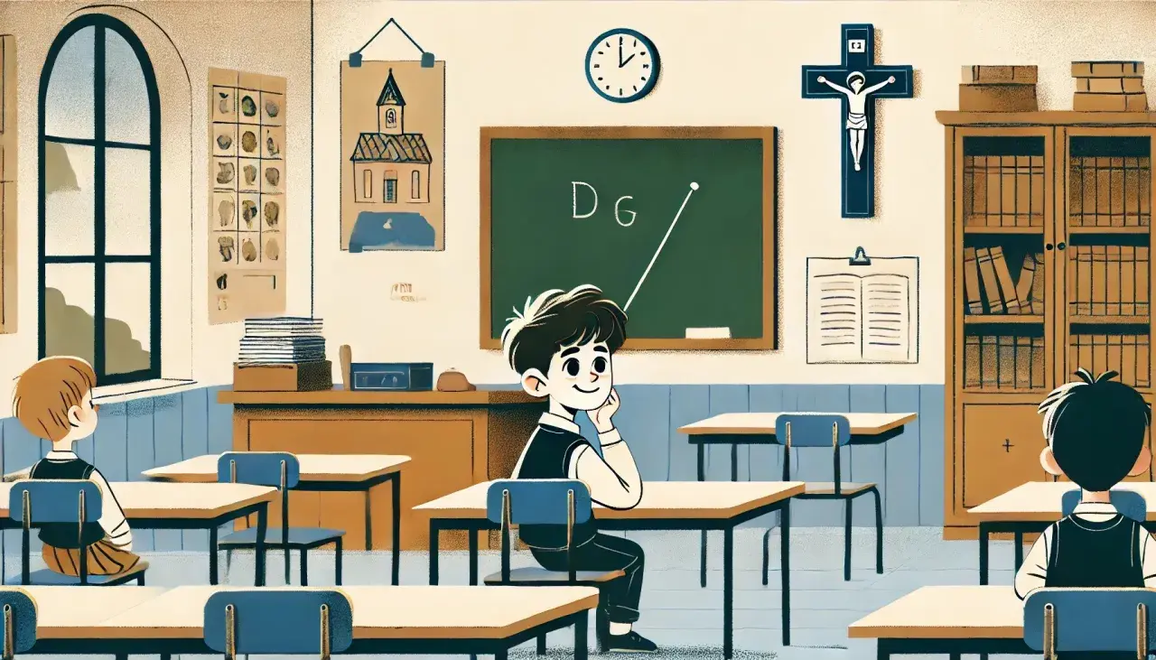 Klasa z krzyżem na ścianie, tablicą i uczniami. Lekcja religii w szkole.