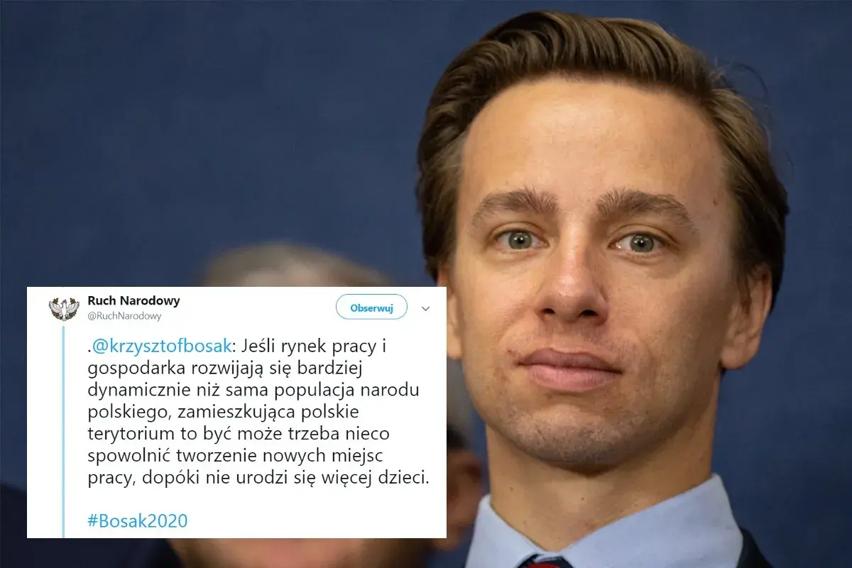 Krzysztof Bosak o poglądach gospodarczych i skrajnym wolnym rynku: spowolnić tworzenie miejsc pracy, dopóki nie urodzi się więcej dzieci.