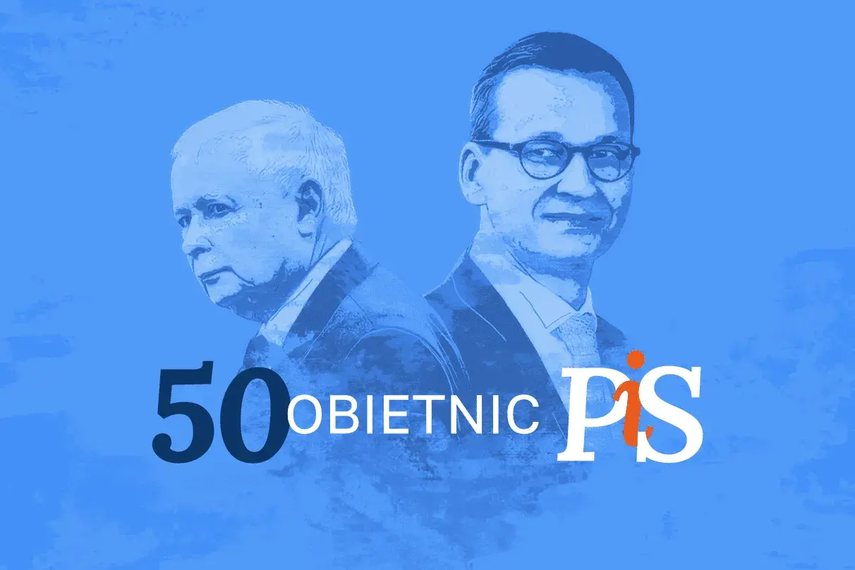 Portret Jarosława Kaczyńskiego i Mateusza Morawieckiego na niebieskim tle z napisem "50 obietnic PiS".
