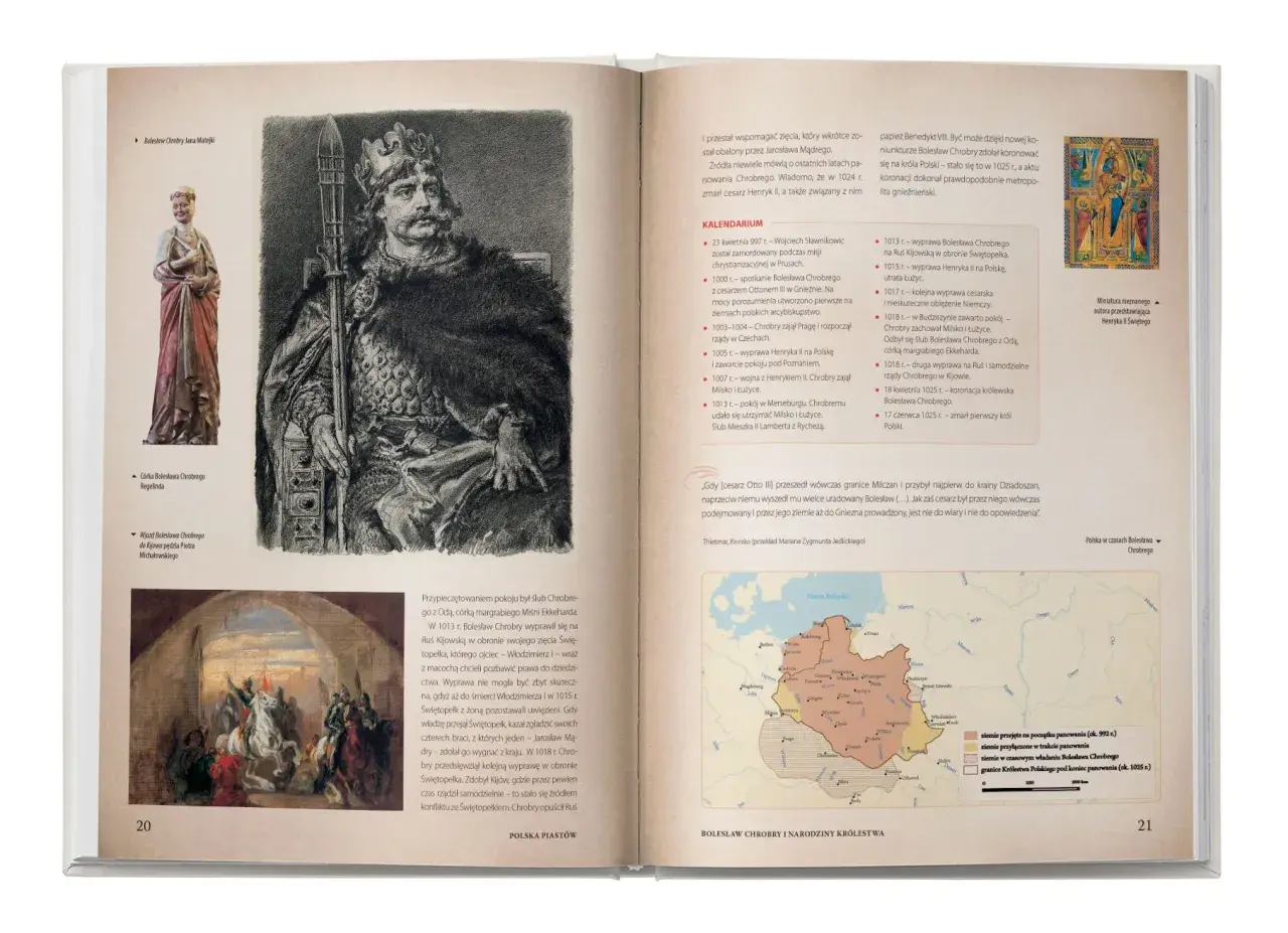 Bolesław Chrobry, pierwszy król Polski, na ilustracji i mapie jego panowania. Kluczowe wydarzenia z historii Polski.