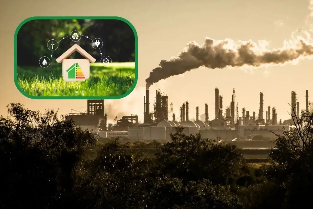 Zielony ład kontra przemysłowa emisja. W lewym rogu dom z ikonami ekologii i etykietą energetyczną, po prawej fabryka z dymiącymi kominami.