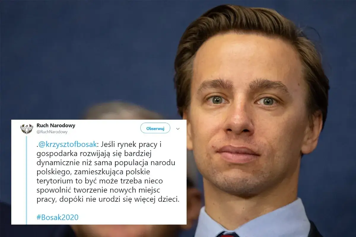 Krzysztof Bosak o poglądach gospodarczych i skrajnym wolnym rynku: spowolnić tworzenie miejsc pracy, dopóki nie urodzi się więcej dzieci.