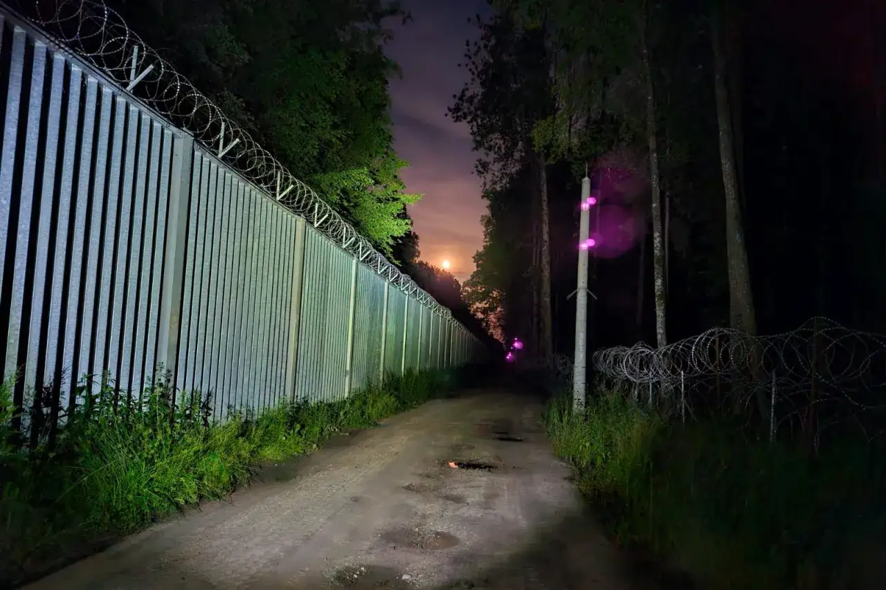 Nocna droga wzdłuż płotu z drutem kolczastym. Księżyc w pełni oświetla las. To granica polsko-białoruska.