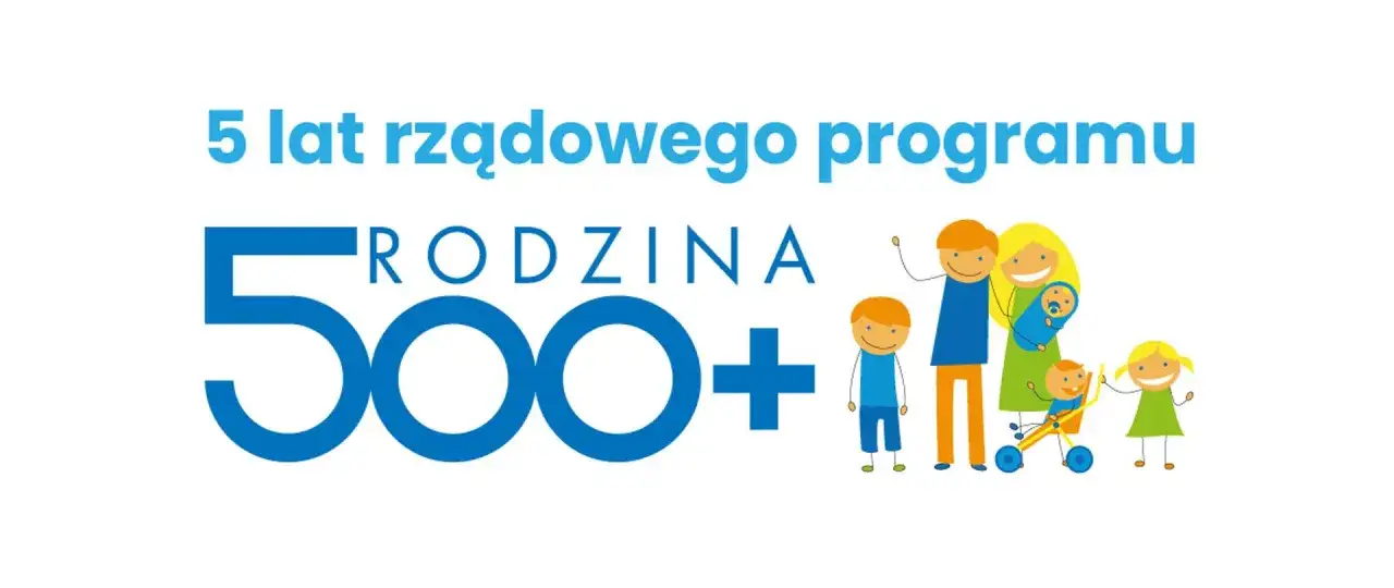5 lat programu Rodzina 500+. Kto może skorzystać z tego wsparcia dla rodzin? Ilustracja przedstawia uśmiechniętą rodzinę z dziećmi.
