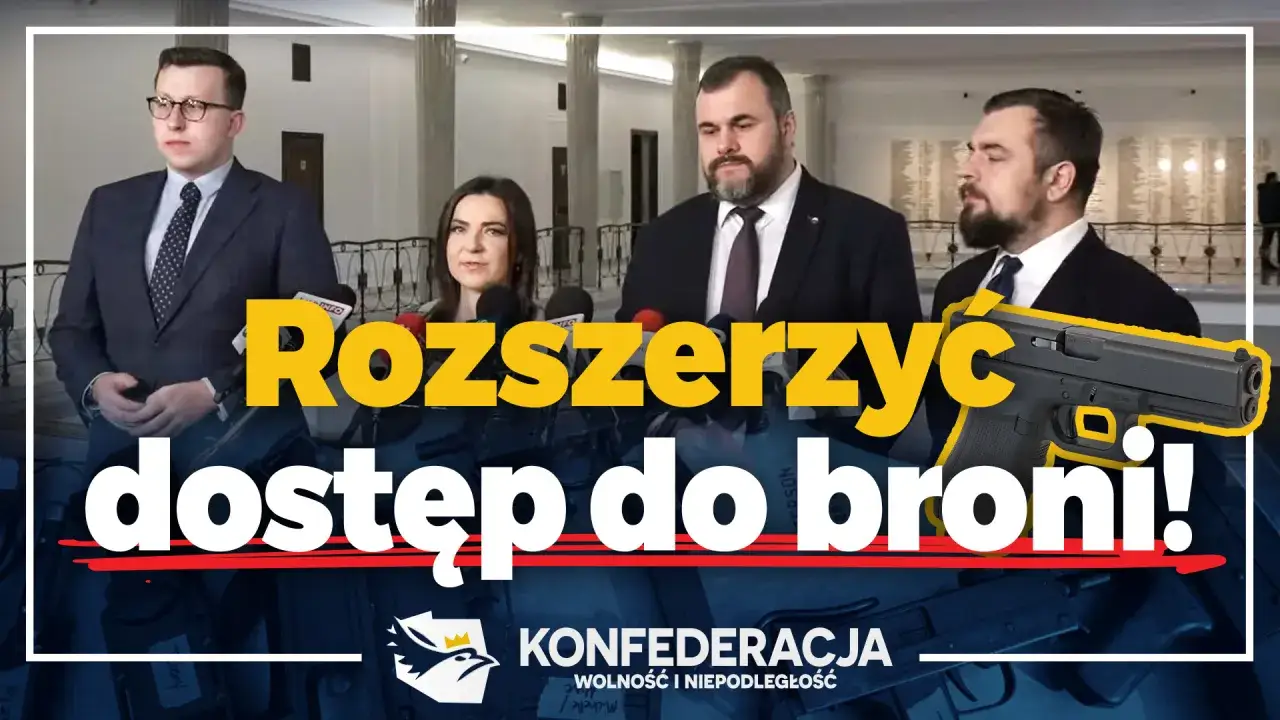 Konfederacja postuluje powszechny dostęp do broni, by wzmocnić obronność kraju. Na zdjęciu politycy i hasło 