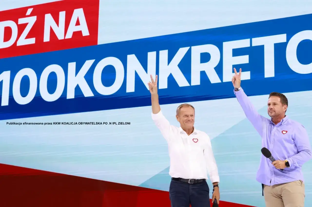 Donald Tusk i Włodzimierz Czarzasty świętują sukces Koalicji Obywatelskiej, prezentując hasło 