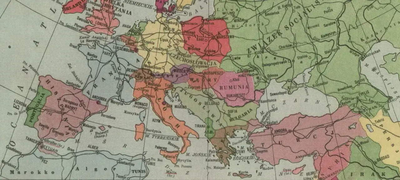 Europa w barwnym wydaniu. Widoczny układ warszawski, z zaznaczoną Polską, Czechosłowacją, Węgrami i Rumunią.
