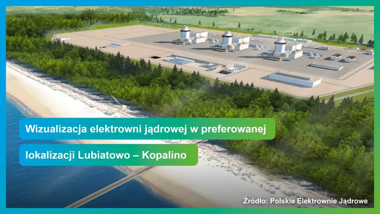 Wizualizacja elektrowni jądrowej w Lubiatowie-Kopalinie. Rozwój energetyki jądrowej w Polsce to kluczowy element strategii Koalicji Obywatelskiej.
