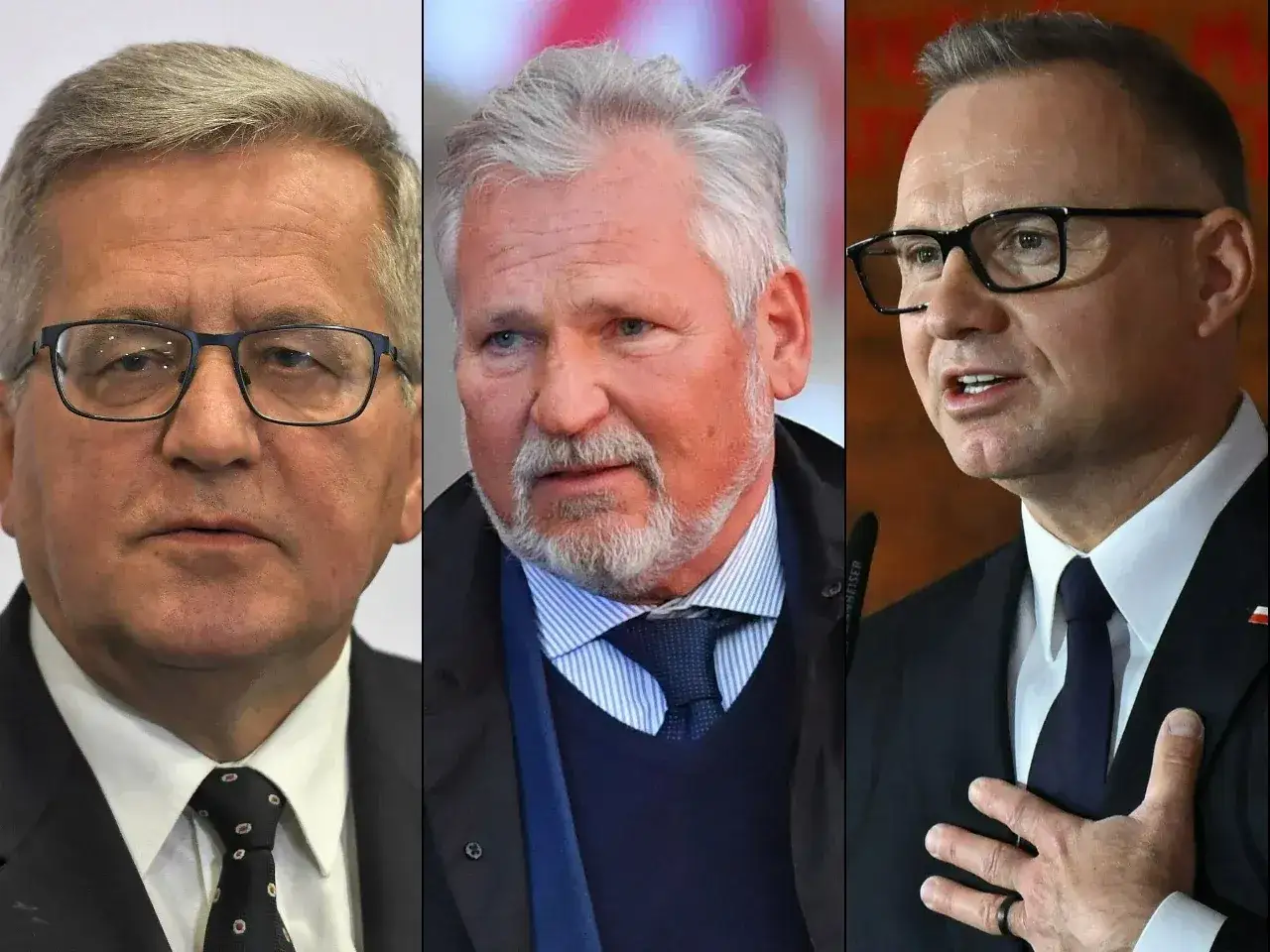 Trzy portrety mężczyzn w garniturach, prawdopodobnie polityków.