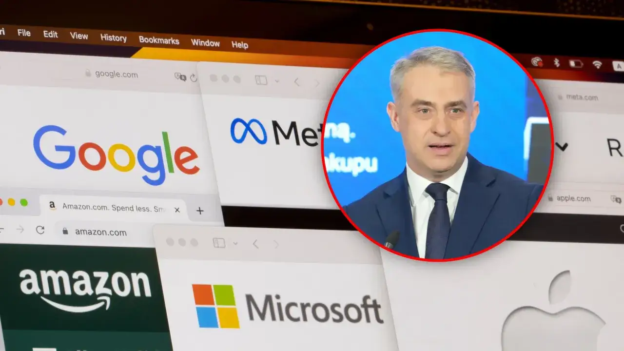 Lewica proponuje opodatkowanie gigantów cyfrowych. Na ekranie widać loga Google, Amazon, Meta, Microsoft i Apple.