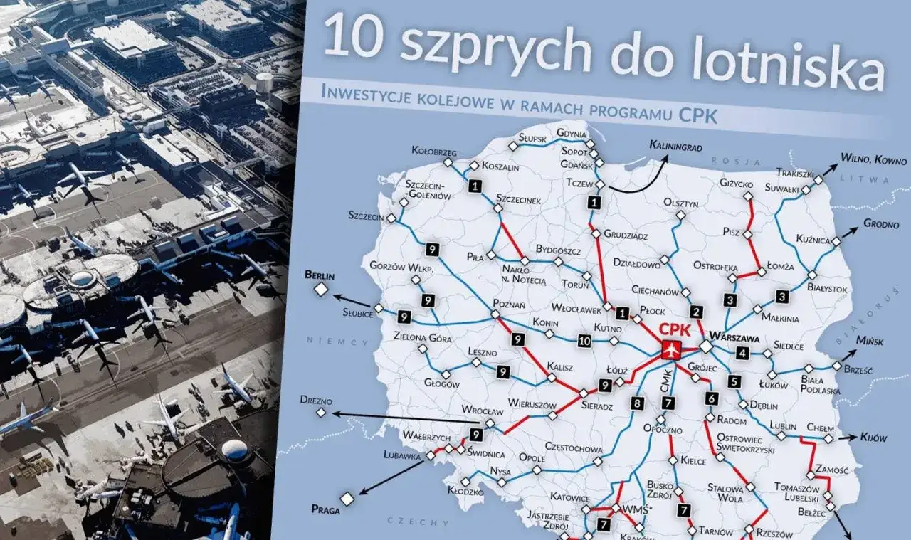 Mapa Polski z zaznaczonymi 10 szprychami do CPK. Czy centralny port komunikacyjny CPK to projekt PiS?