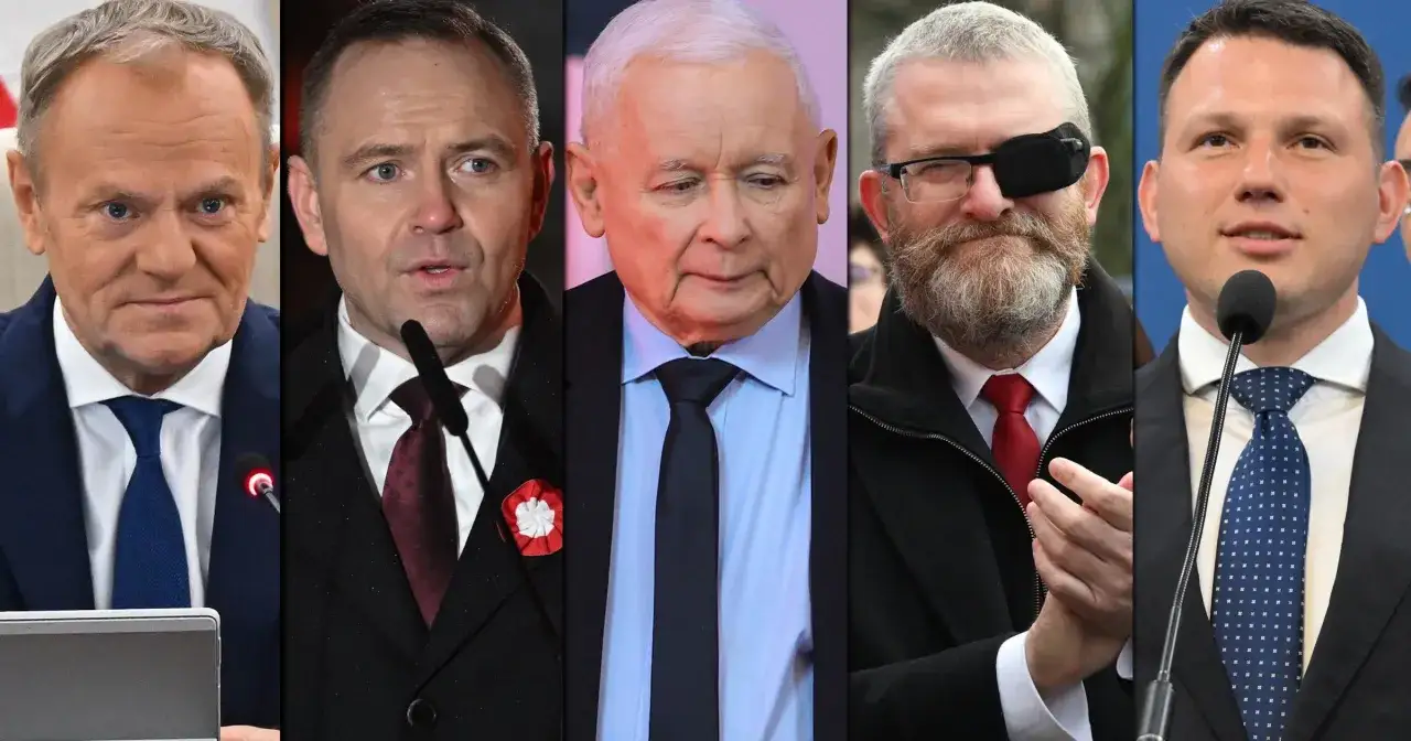 Kto jest potencjalnym następcą Jarosława Kaczyńskiego? Tusk, Morawiecki, Czarnek, Ziobro i Hołownia na kolażu.