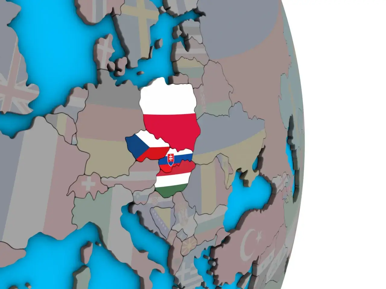 Mapa Europy z zaznaczonymi flagami Polski, Czech, Słowacji i Węgier, tworzącymi grupę wyszehradzką.