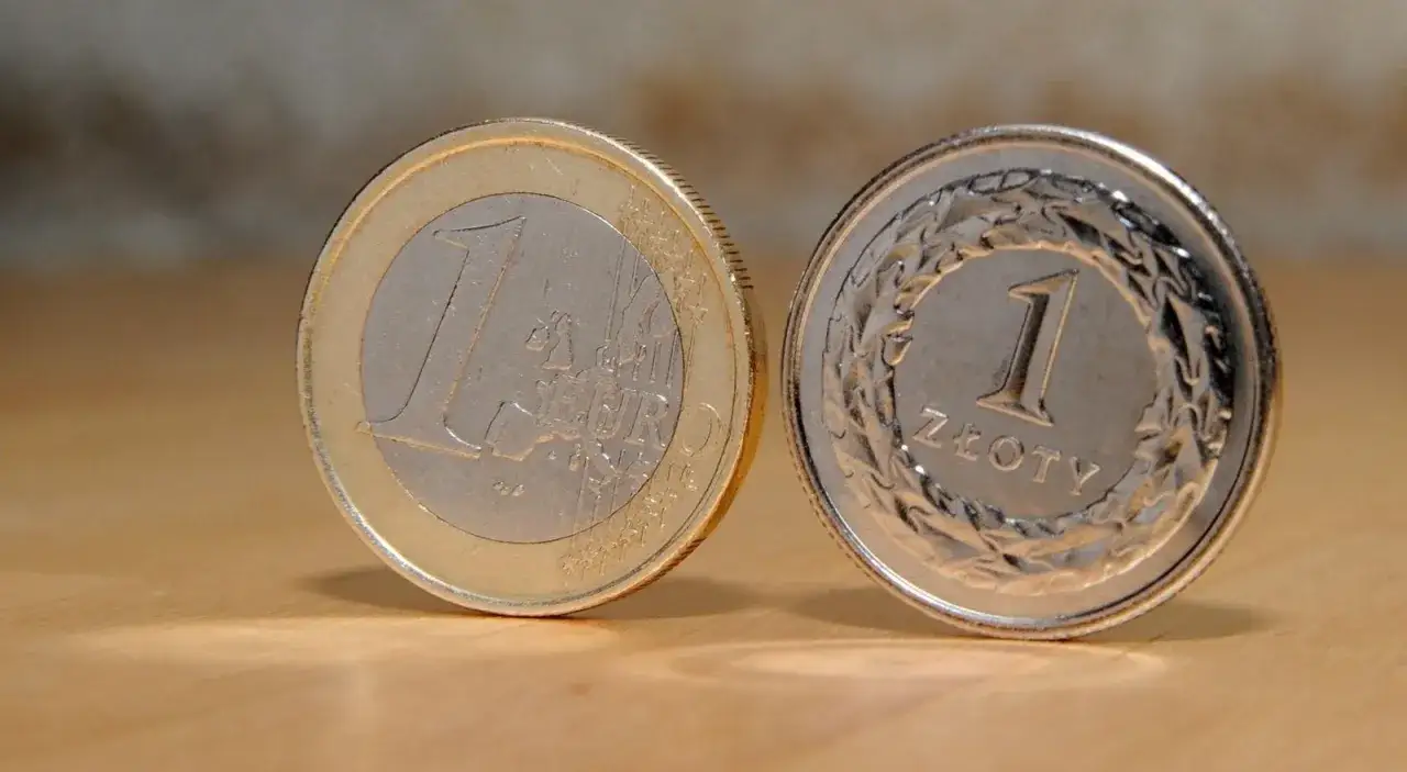 Polska 2050: dyskusja o euro i UE. Moneta euro obok złotówki symbolizuje debatę o przyszłości waluty i integracji.