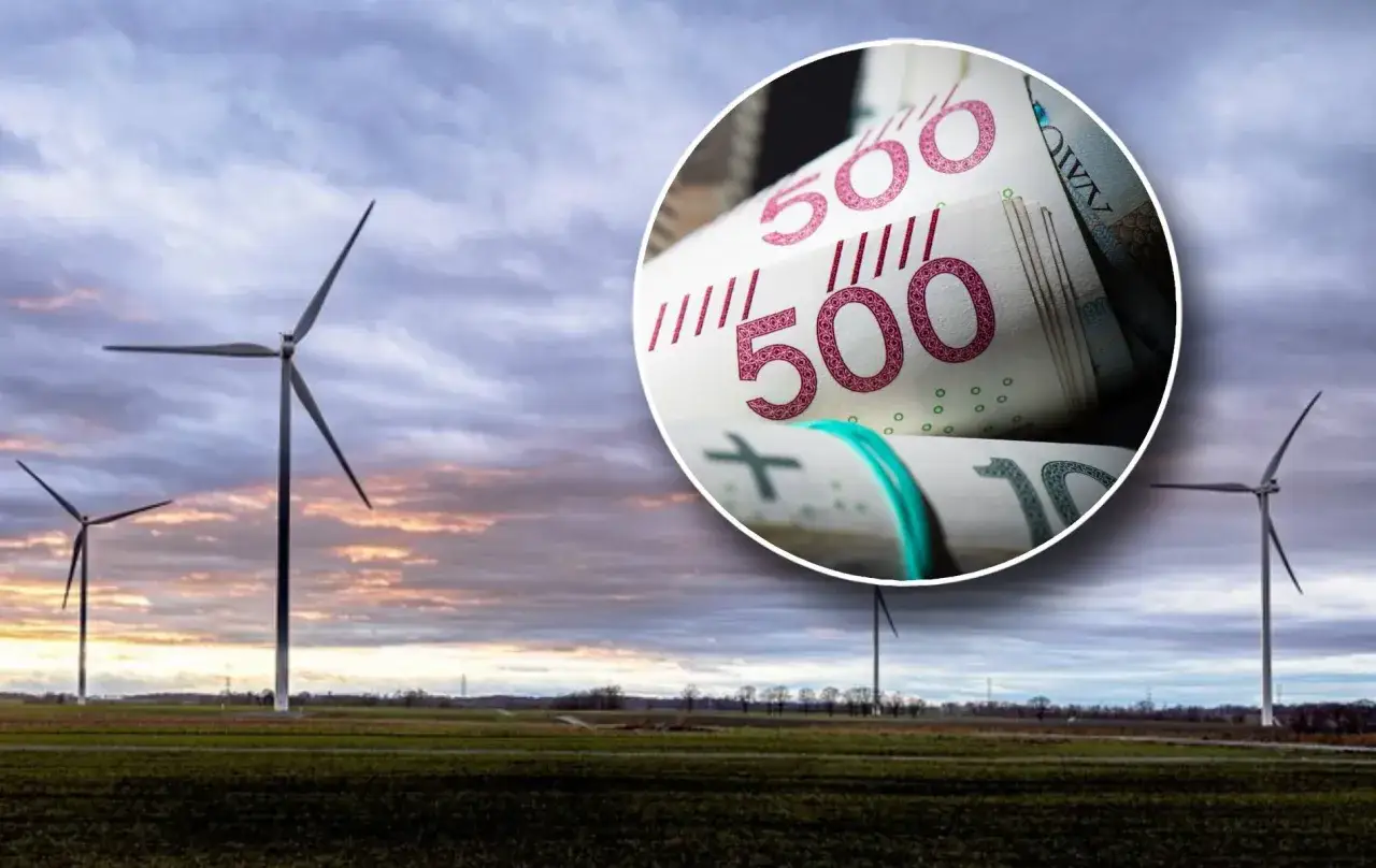 Wiatraki na tle zachodzącego słońca i zwinięte banknoty 500 zł. Paulina Hennig-Kłoska o ustawie wiatrakowej: na czym polega problem?