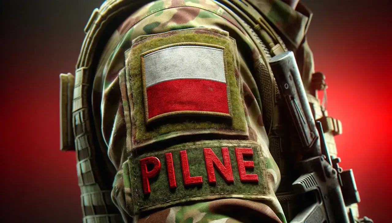 Żołnierz w mundurze z polską flagą i napisem 