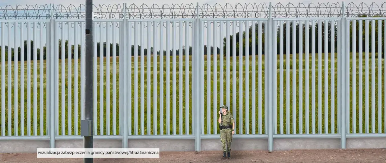 Wizualizacja zabezpieczenia granicy z Białorusią, element polityki migracyjnej rządu koalicji obywatelskiej. Strażniczka pilnuje terenu.