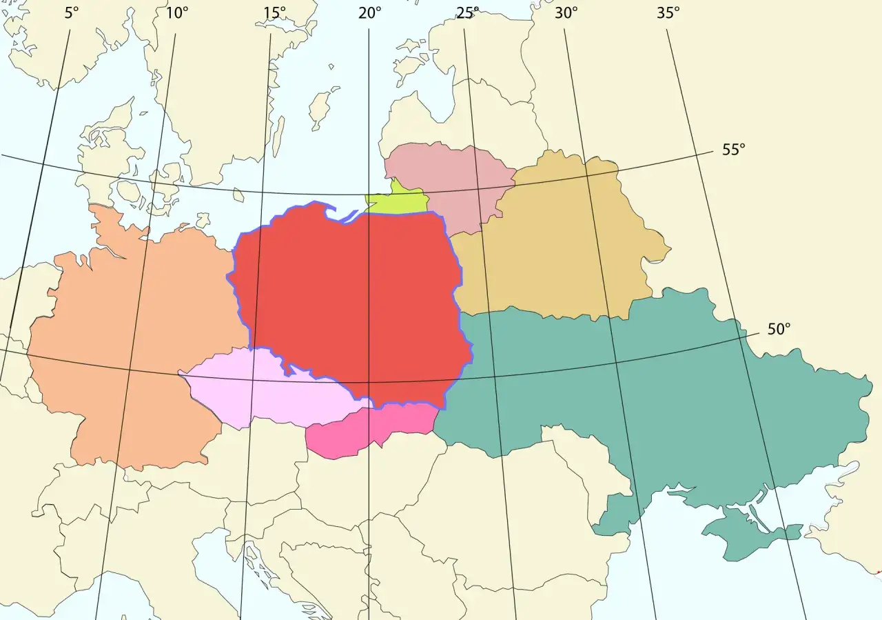 Mapa Europy Środkowej. Czerwony obszar to Polska, z którą graniczą Niemcy (pomarańczowy), Czechy (jasnoróżowy), Słowacja (różowy), Ukraina (zielony), Białoruś (żółty) i Litwa (jasnoróżowy).