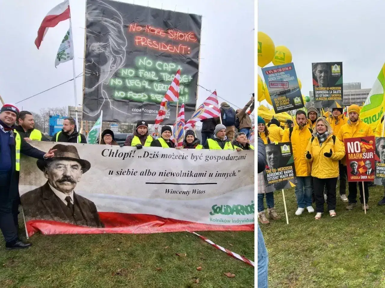 Rolnicy protestują przeciwko obietnicom koalicji obywatelskiej dla rolników, a rzeczywistość jest inna. Transparenty wyrażają niezadowolenie z polityki rolnej.
