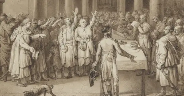 Tłum szlachty wznosi ręce, protestując. Jeden z nich, zdeterminowany, używa liberum veto, by zatrzymać obrady.