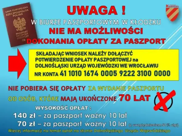 Informacja o tym, ile kosztuje wyrobienie paszportu w Kłodzku. Opłata 140 zł za paszport 10-letni, 70 zł dla osób z 50% ulgą.