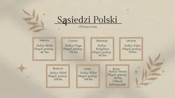 Polska graniczy z Niemcami, Czechami, Słowacją, Ukrainą, Białorusią, Litwą i Rosją (Obwód kaliningradzki).