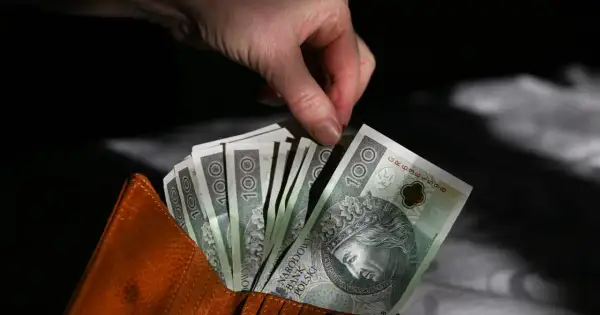 Dłoń wyciąga banknot 100 zł z brązowego portfela. Czy trzynasta i czternasta emerytura to pomysł PiS?
