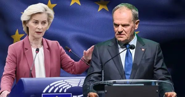 Ursula von der Leyen i Donald Tusk na tle flagi UE. Ich relacje z Unią Europejską to historia konfliktów i napięć.